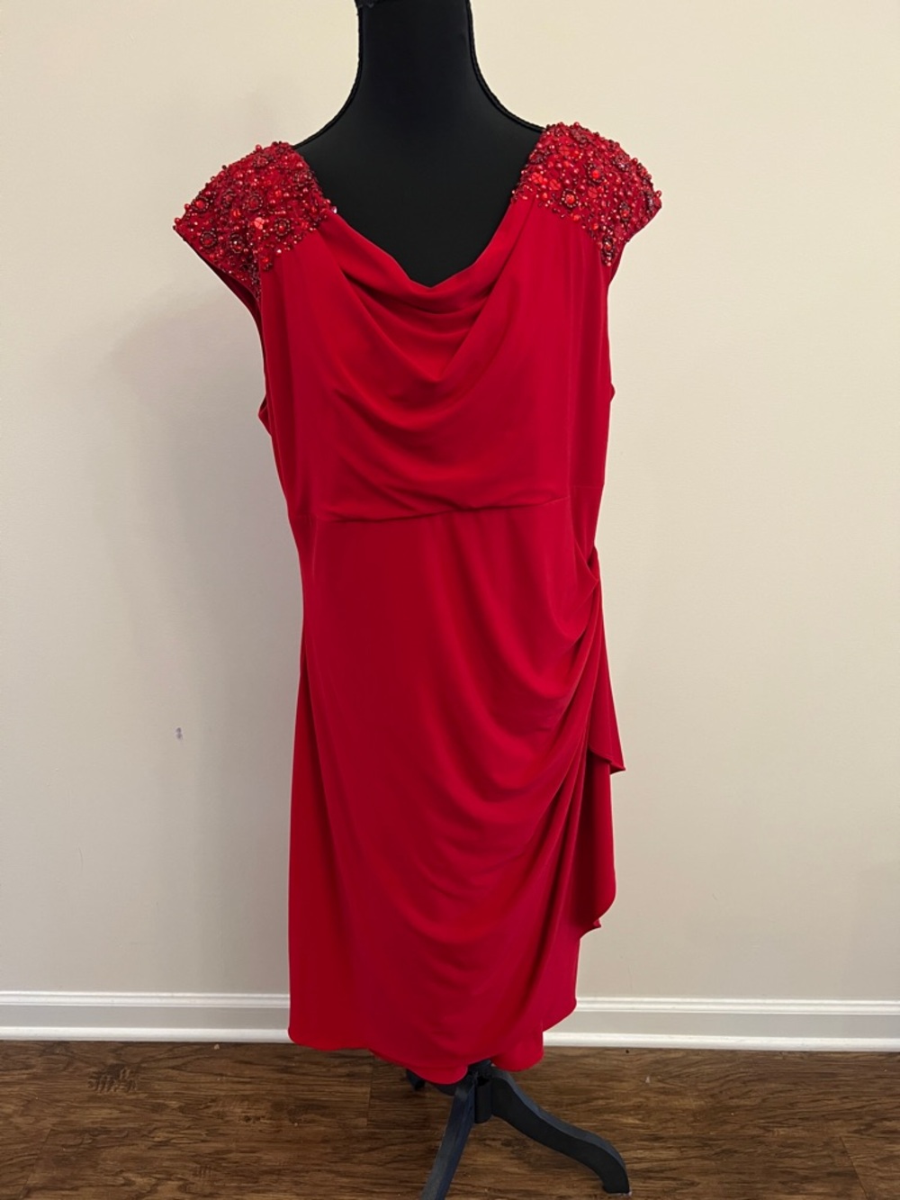 Alex Evenings Red Beaded Cap-Sleeve Midi Dress